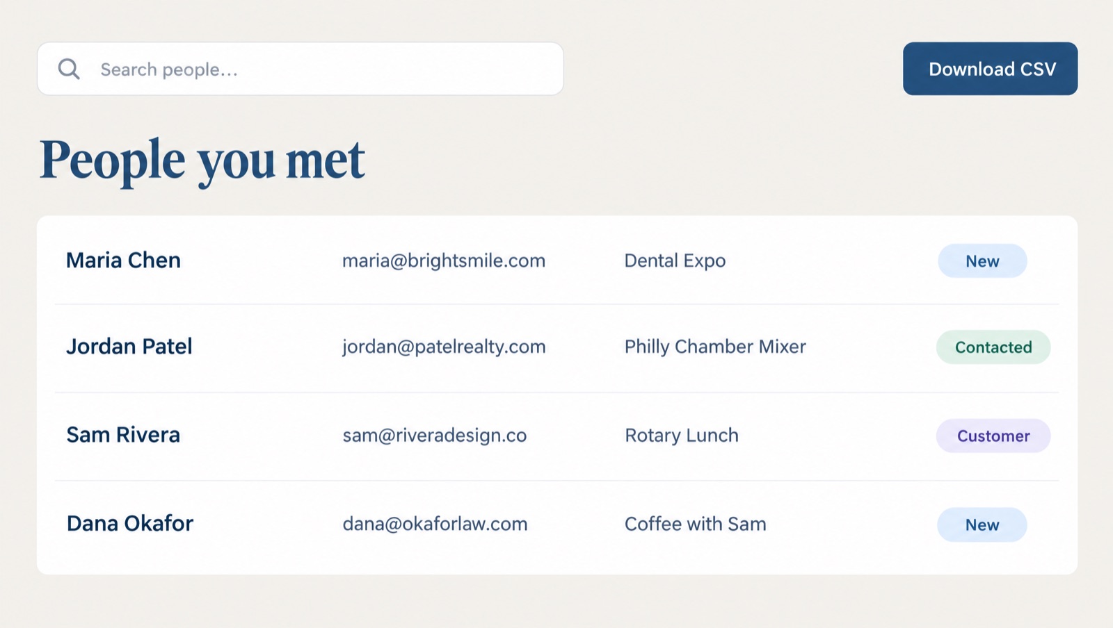 Cardzy contact list showing names, emails, the event each person came from and a status