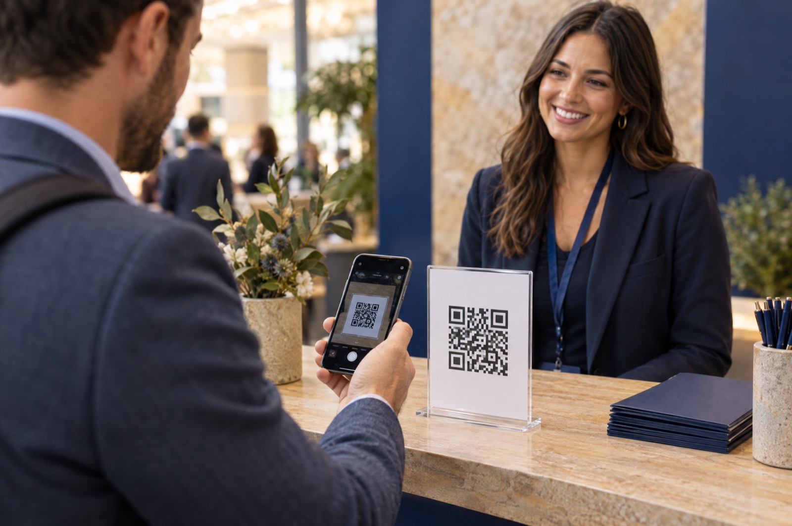 A visitor scanning a QR code on a table sign at a trade show booth