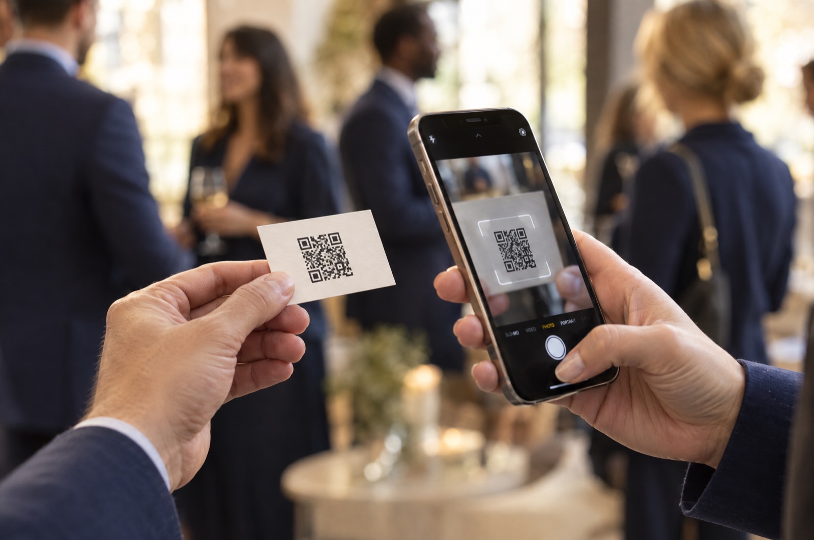 A hand holding a business card with a QR code while another hand scans it with an iPhone