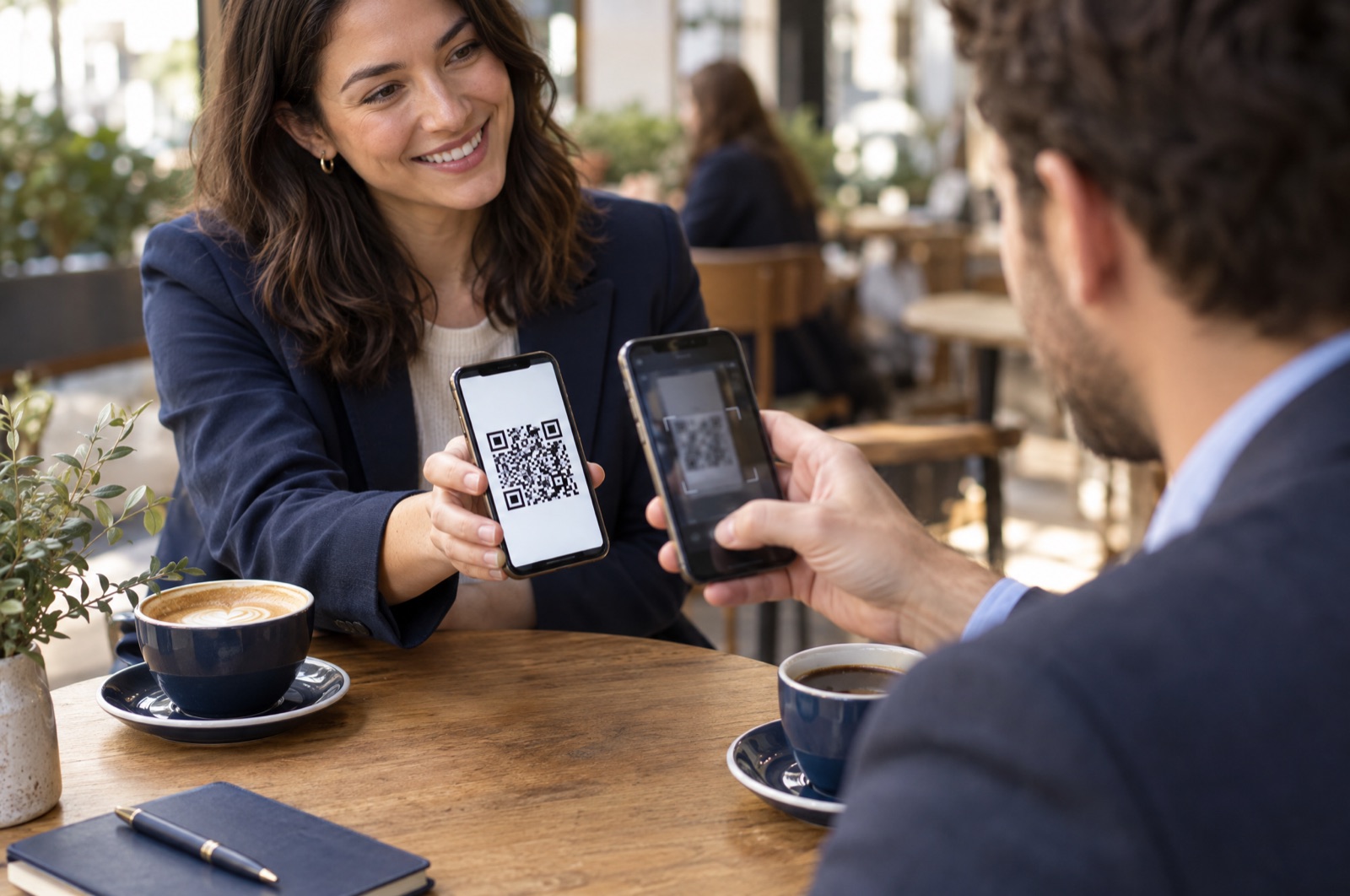 Two people at a cafe, one showing a QR code on their phone while the other scans it