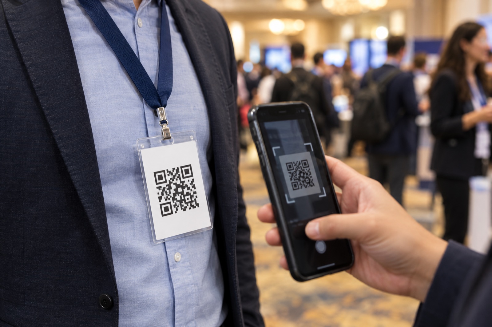 A conference badge with a QR code being scanned by an attendee